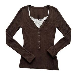 Brown Ribbed Vintage Henley Top with White Lace Inset Long Sleeve Coquette Shirt